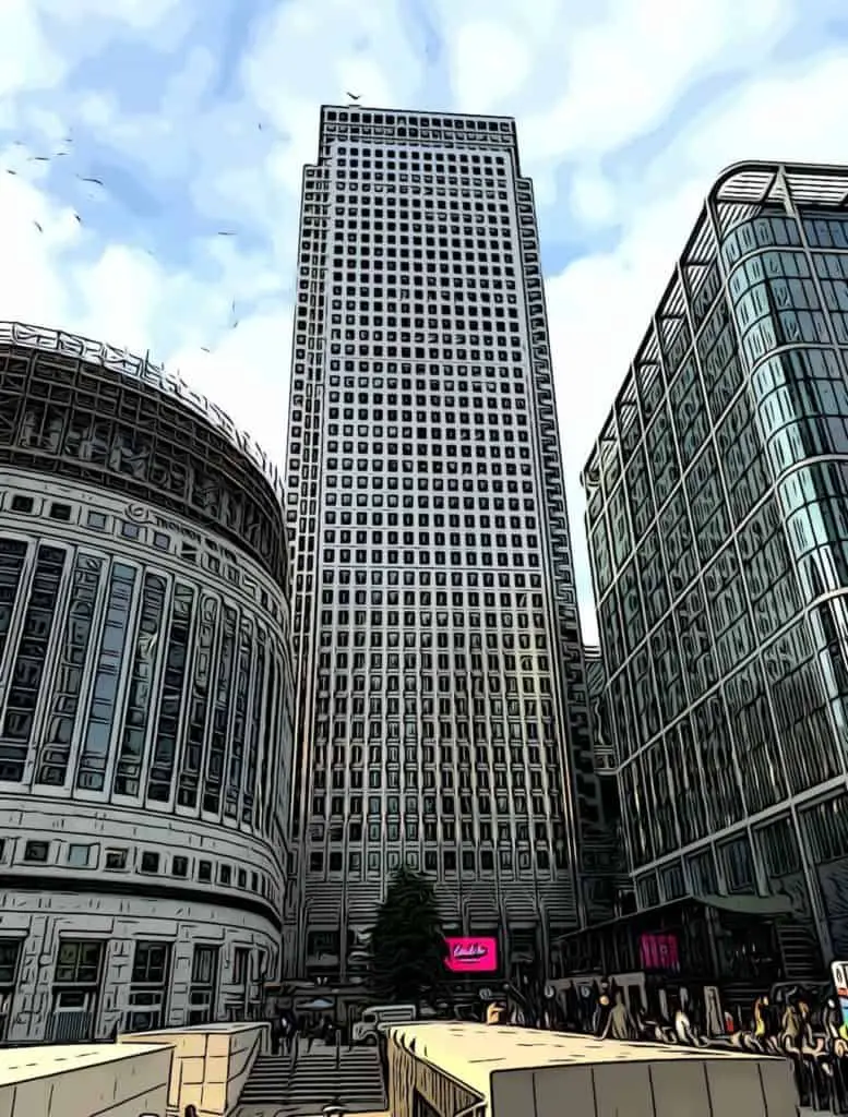 canary wharf centre looking up at one canada square