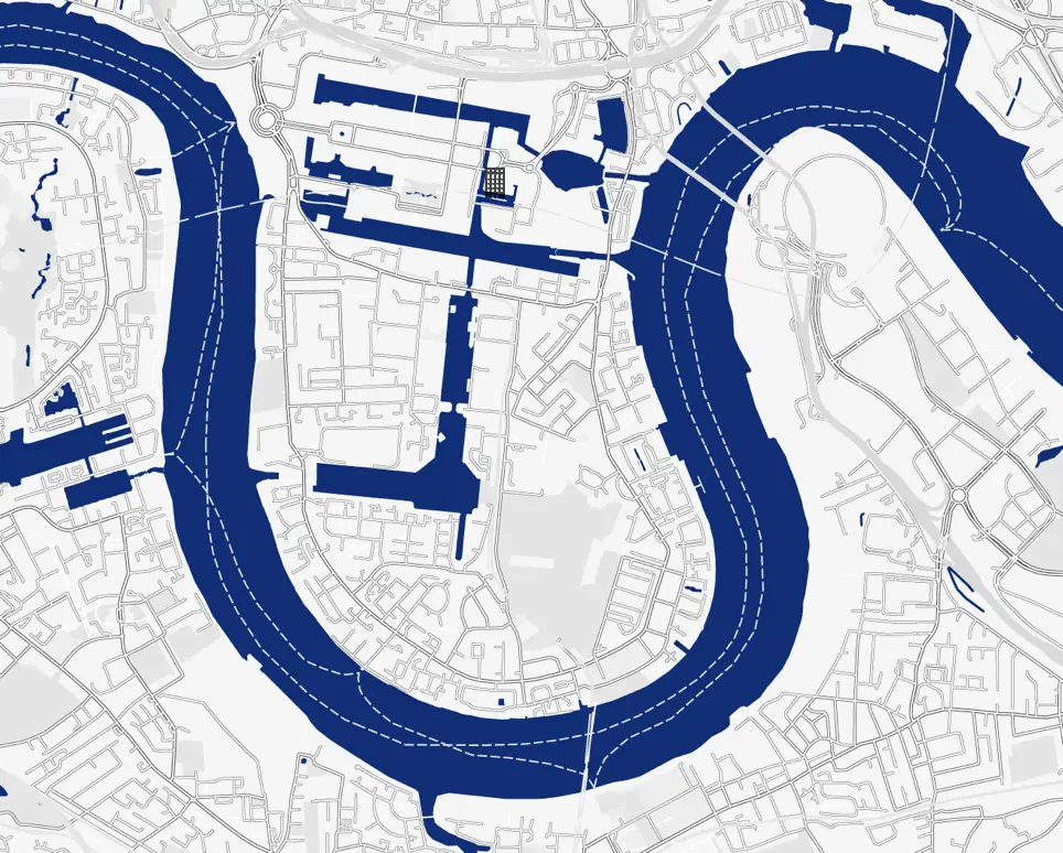 1 and 5 Water Street Pavilions location in Wood Wharf