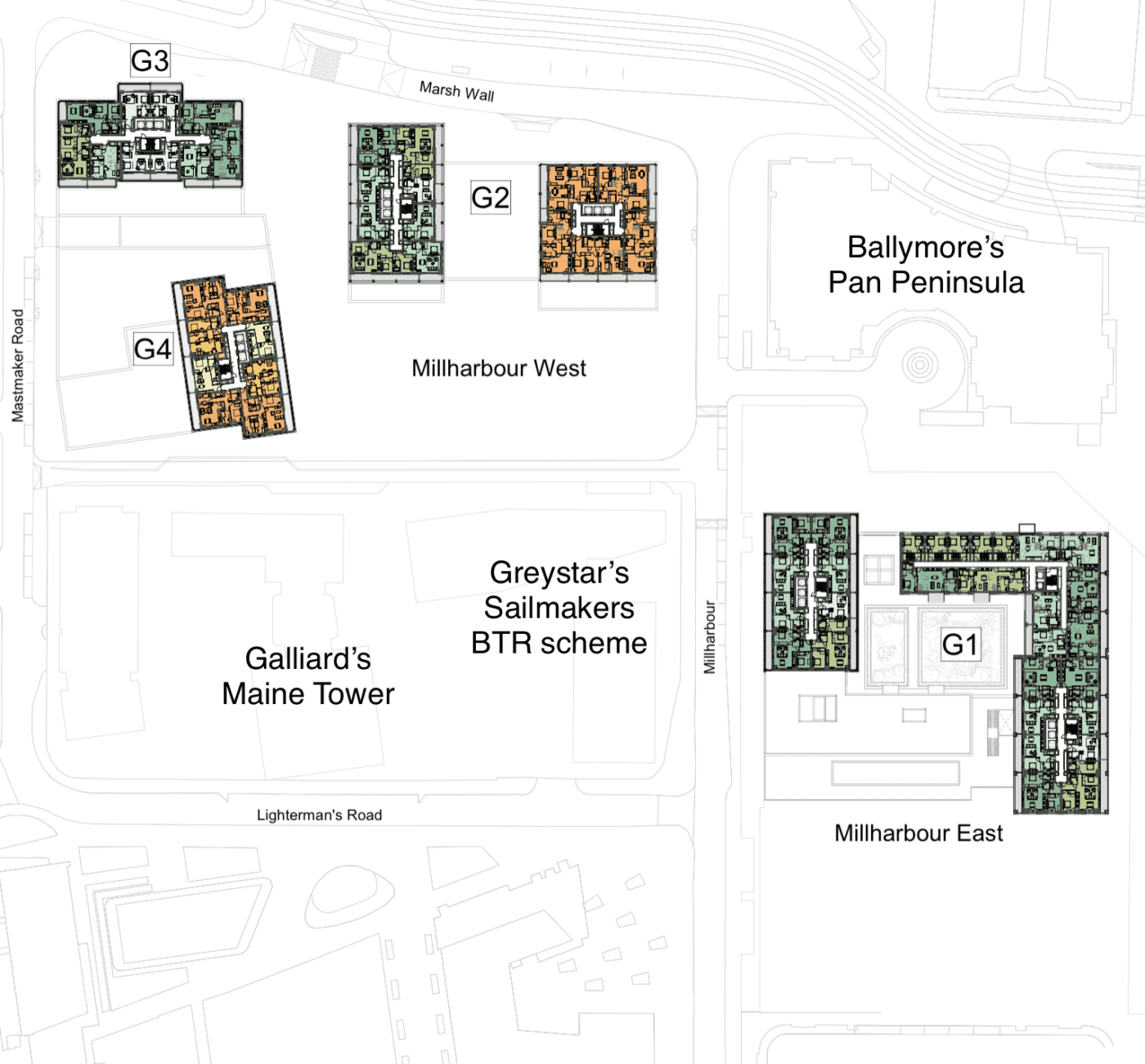 map depicting millharbour village and neighbouring Pan Peninsula, 