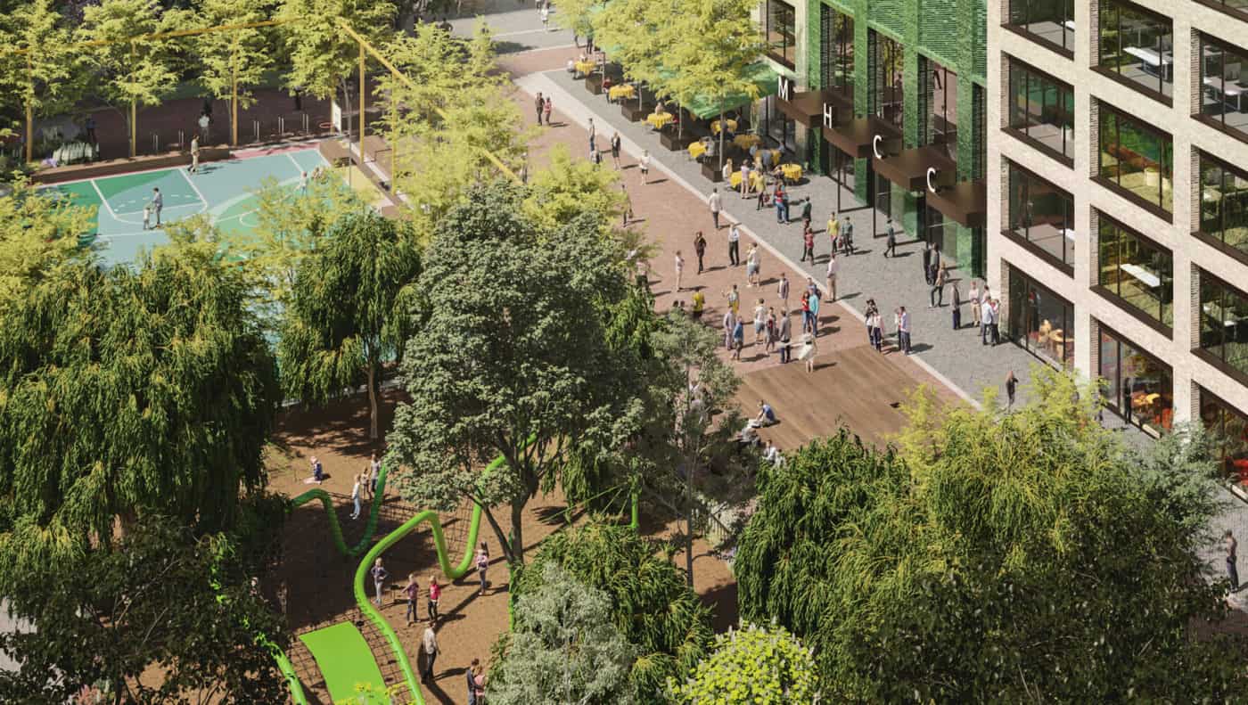 Renderings of outside play areas at Millharbour Village