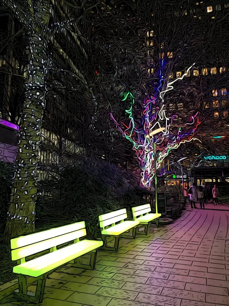 connected by light festival benches as seen from lumiere festival across london