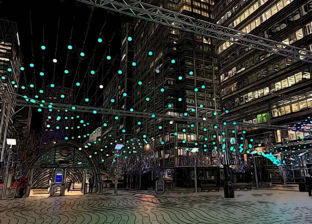 Murmuration a light festival exhibit with custom soundscape at Canary Wharfs Winter Lights in 2021