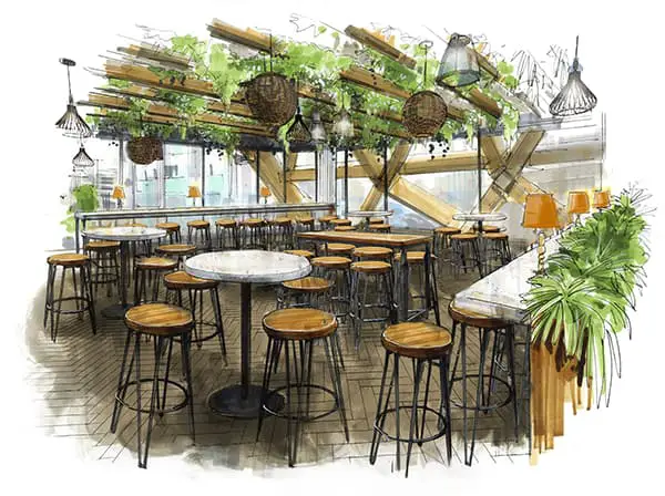 pergola london canary wharf bar seating area in crossrail place
