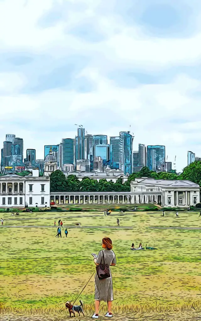 woman walking her dog in greenwich park overlooking pet friendly developments in canary wharf