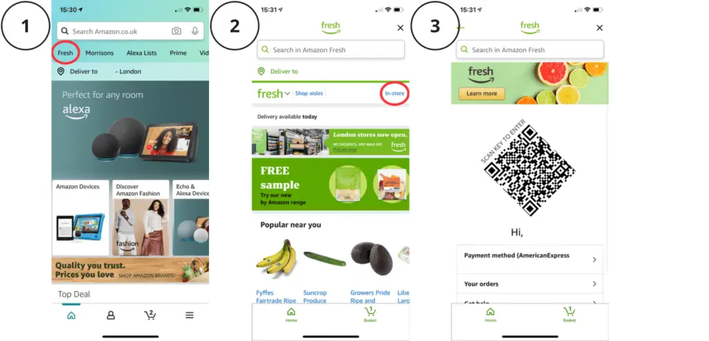 amazon fresh stores uk guide showing QR code for entry and amazon app