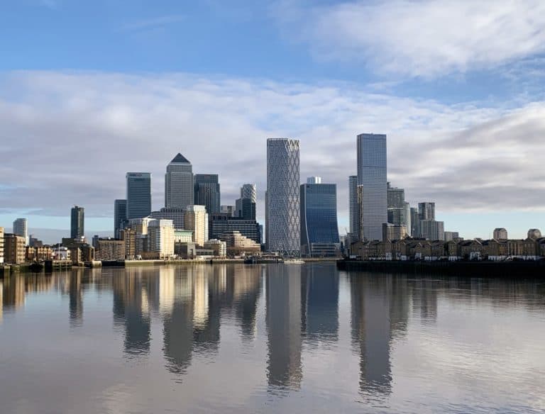 view from canary wharf from thames path section 3