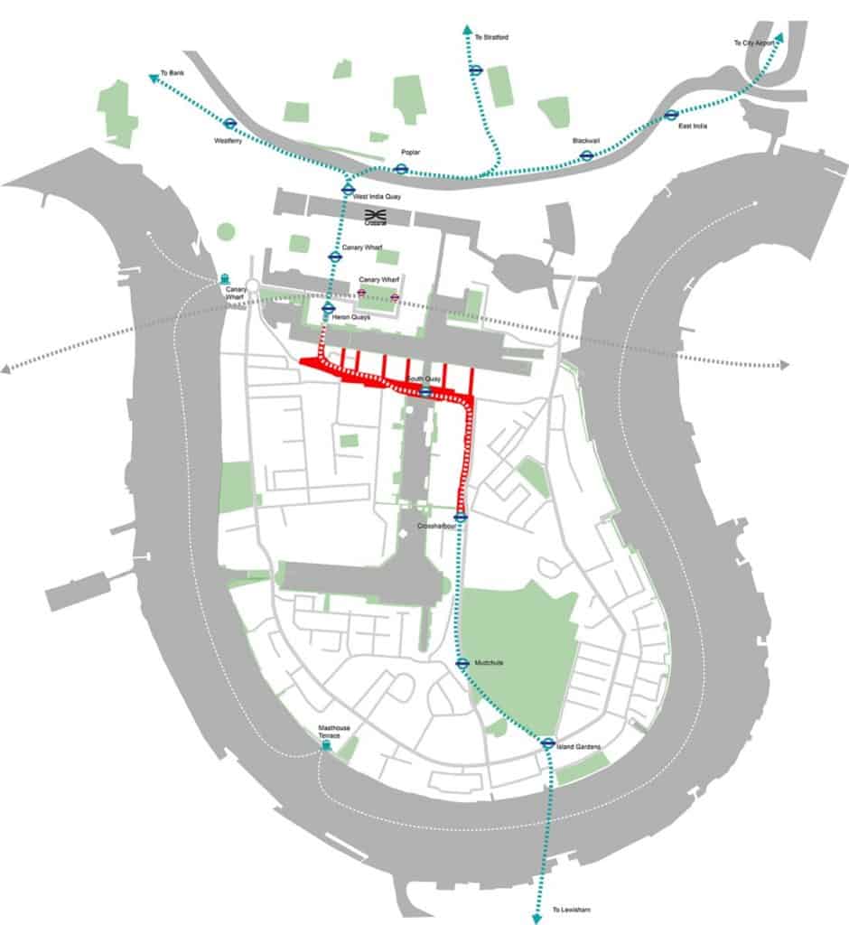 the underline canary wharf route map showing the 1km initial span