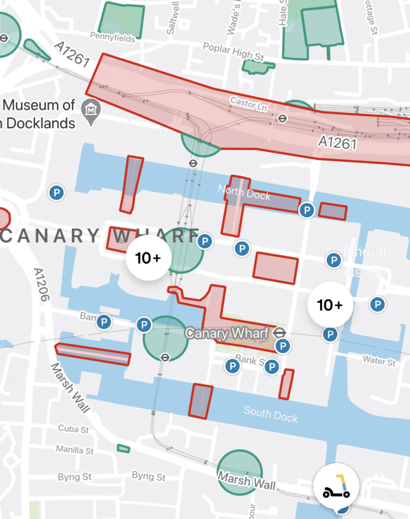 e-scooter map of canary wharf displaying no go red areas and parking zones