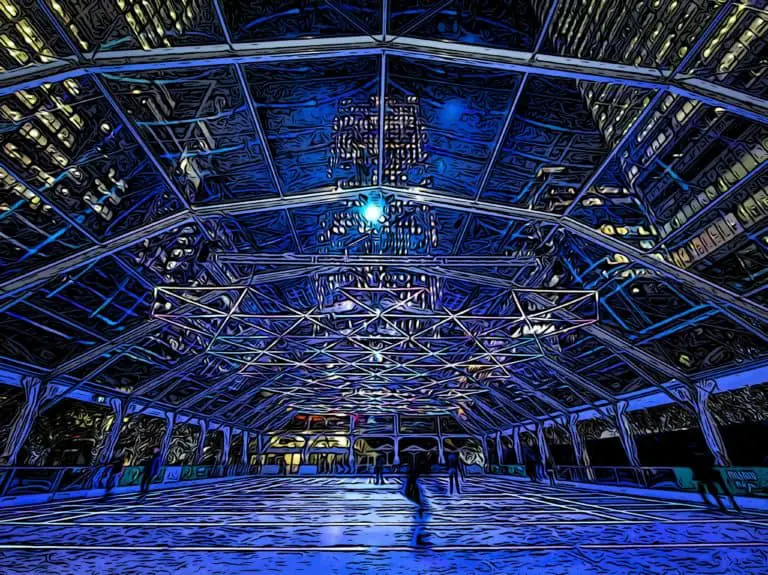 canary wharf ice rink with embedded LED lights and overhead display