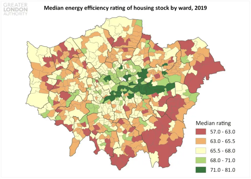 map displaying the highest efficiency homes in the UK placing canary wharf first