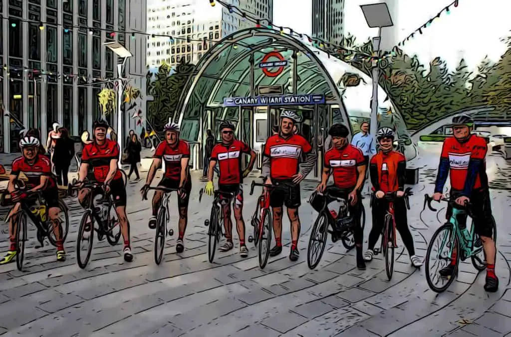 cyclists in canary wharf gather outside the station before a sponsored ride