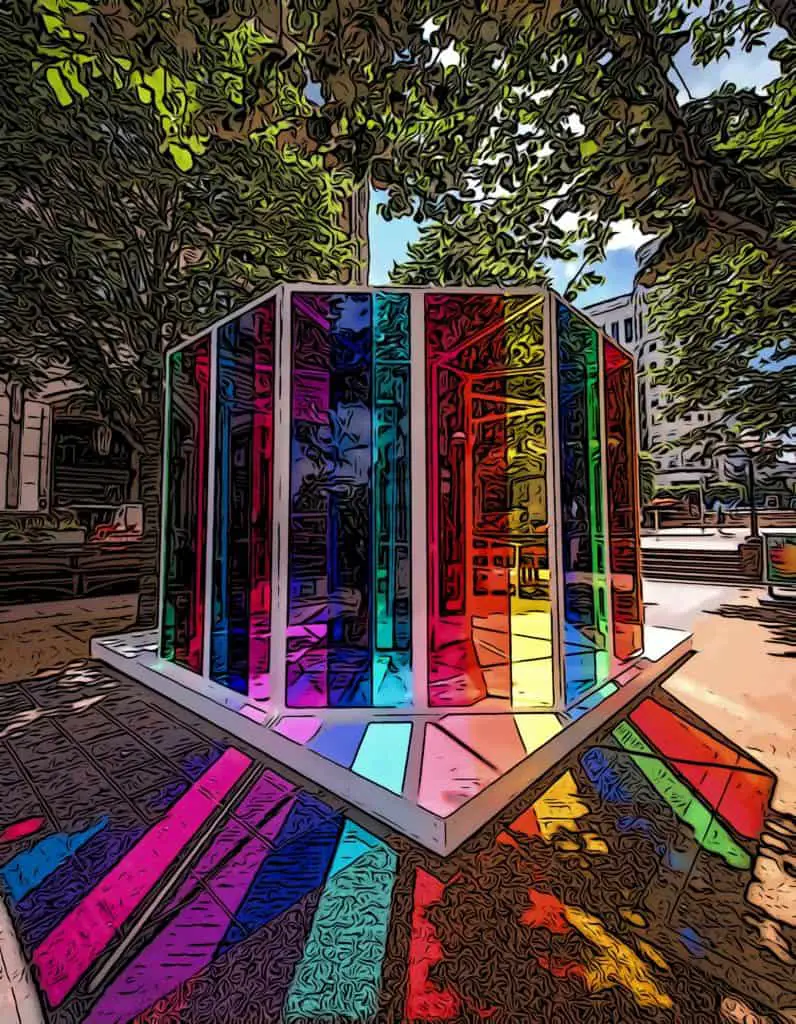 Summer Lights at Canary Wharf showing reflections and coloured shadows