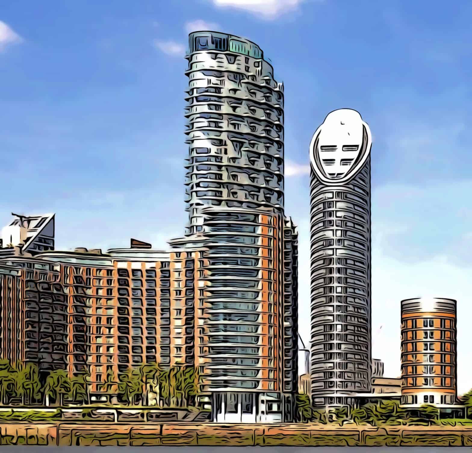 Charrington Tower and Ontario Tower behind New Providence Wharf block A-E