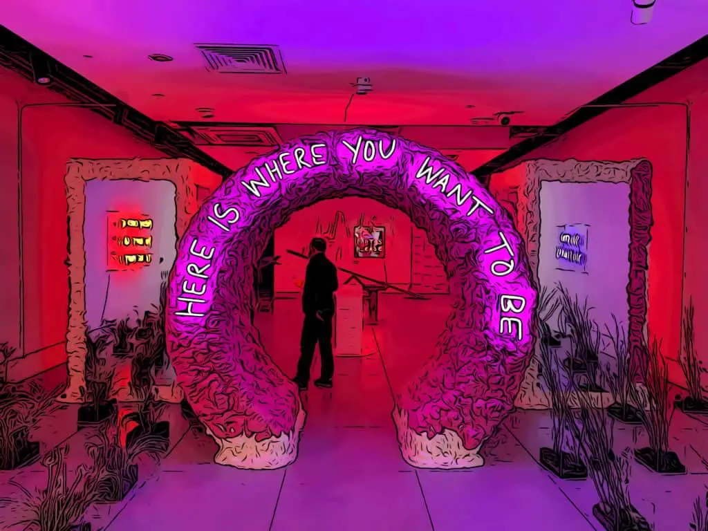 A neon art exhibition by Eve De Haan in Canary Wharf shopping centre