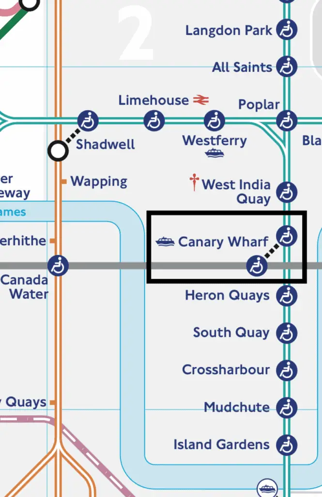 canary wharf in zone 2 of the london tube map