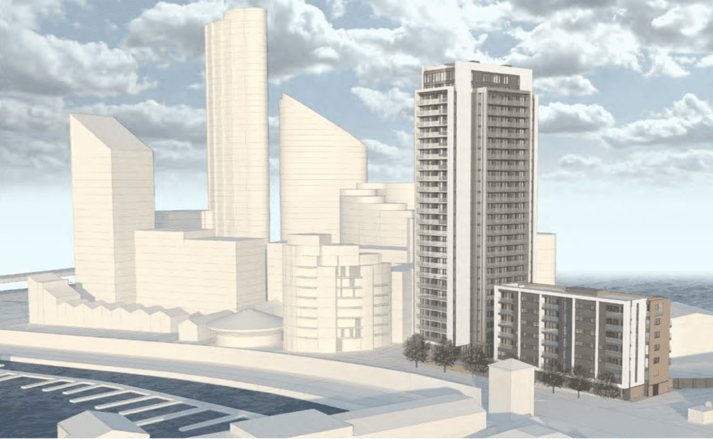 architects render of horizons tower with nearby Charrington Tower and New Providence Wharf