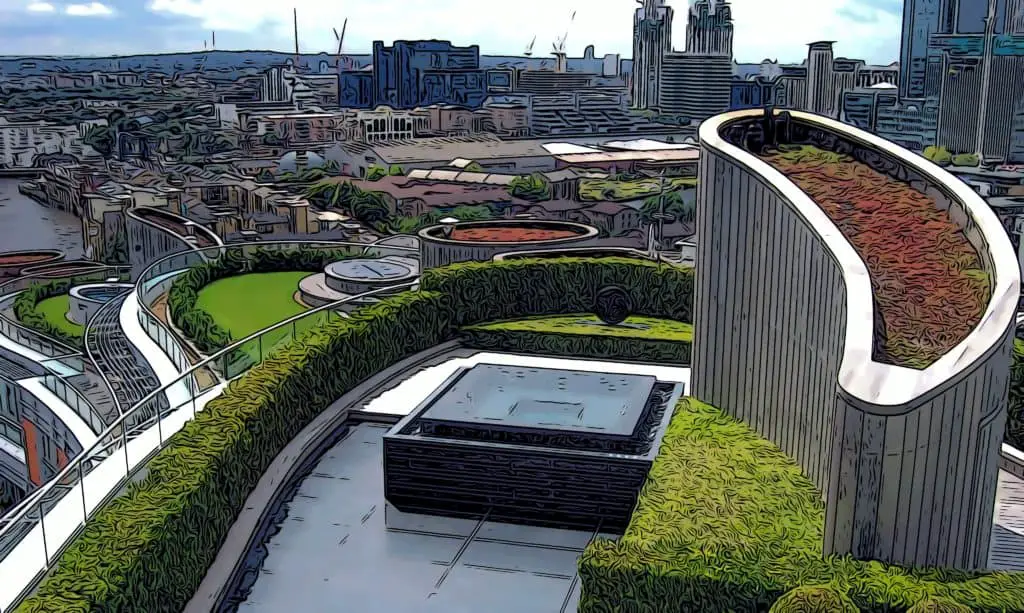 industrial chimney shaped features in rooftop residents gardens
