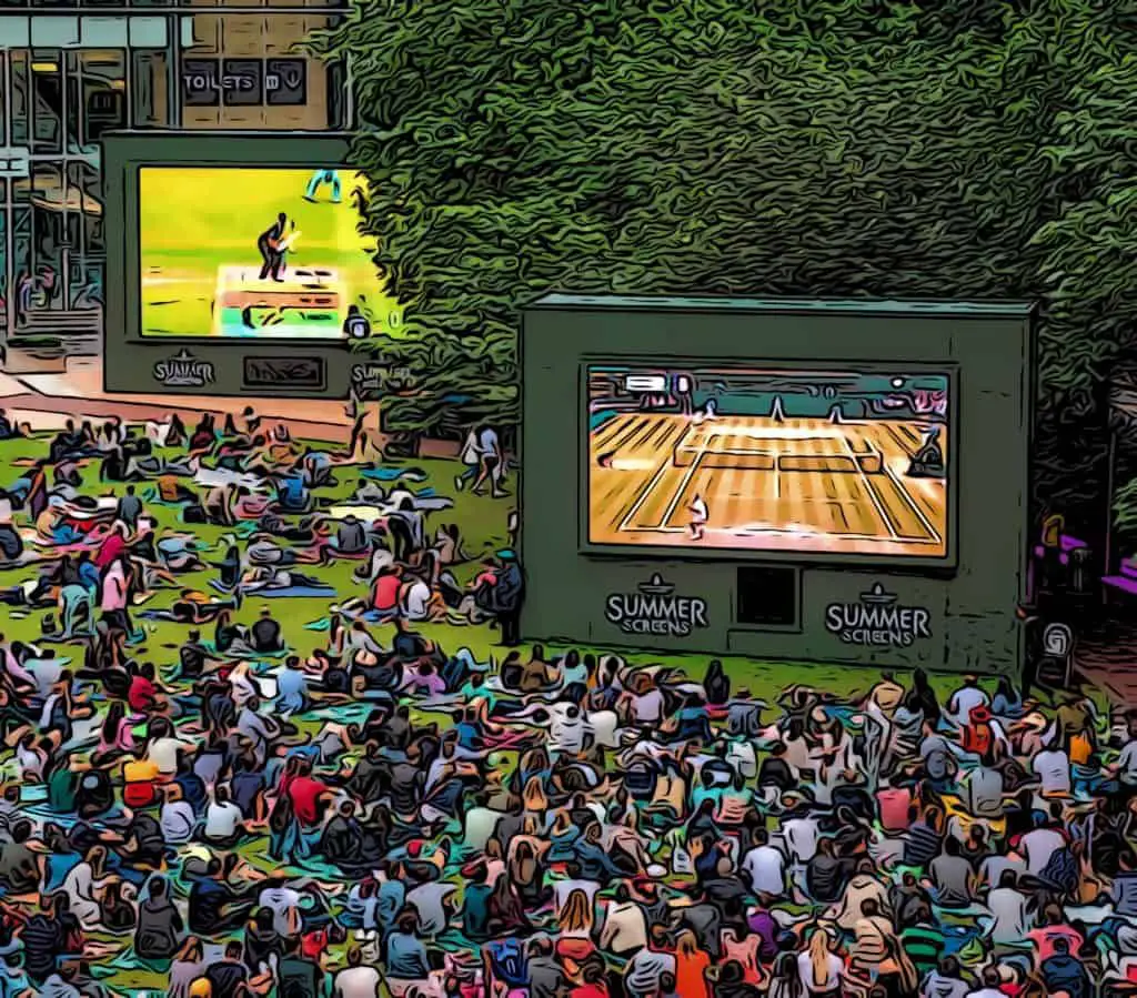 summer screens showing Wimbledon and cricket matches at Canary Wharf’s park