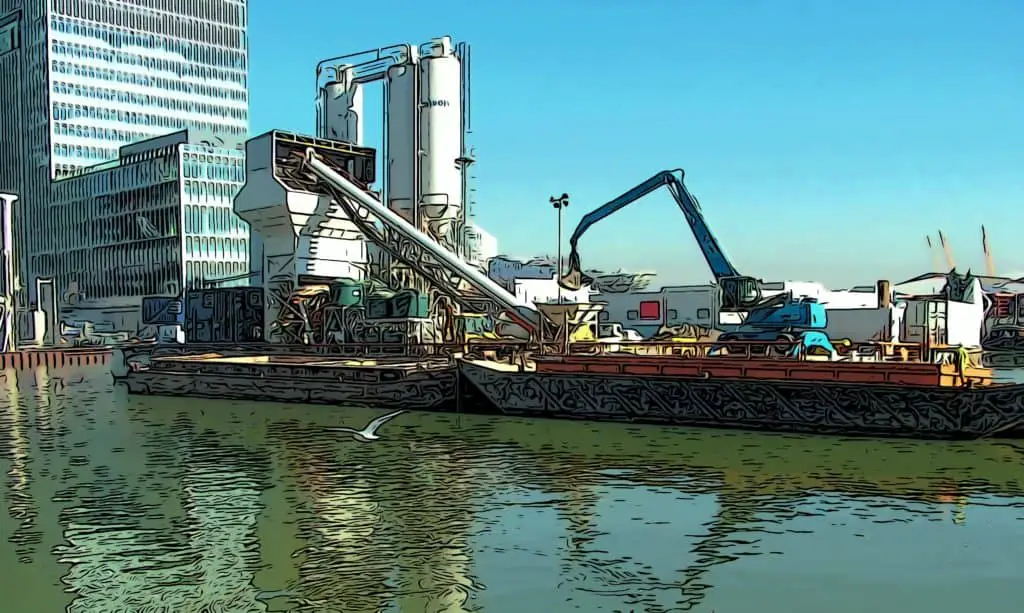 Hanson floating cement plant during Canary Wharf’s construction