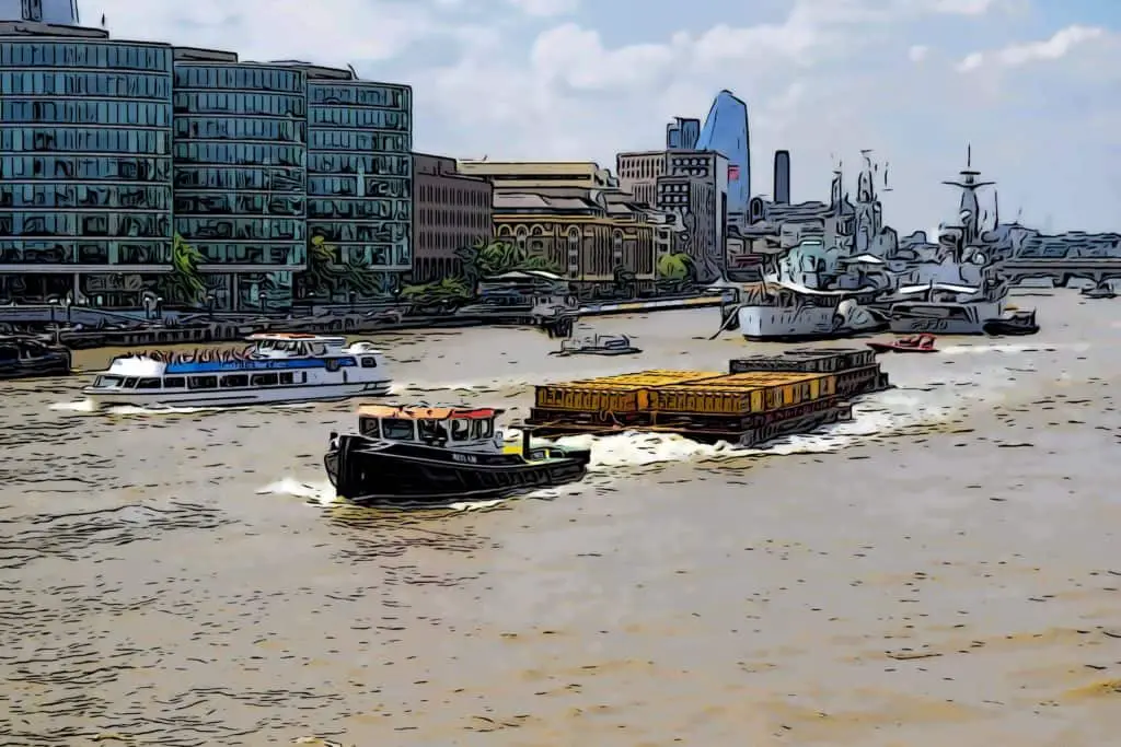 Industrial barges serving Canary Wharf via the Thames