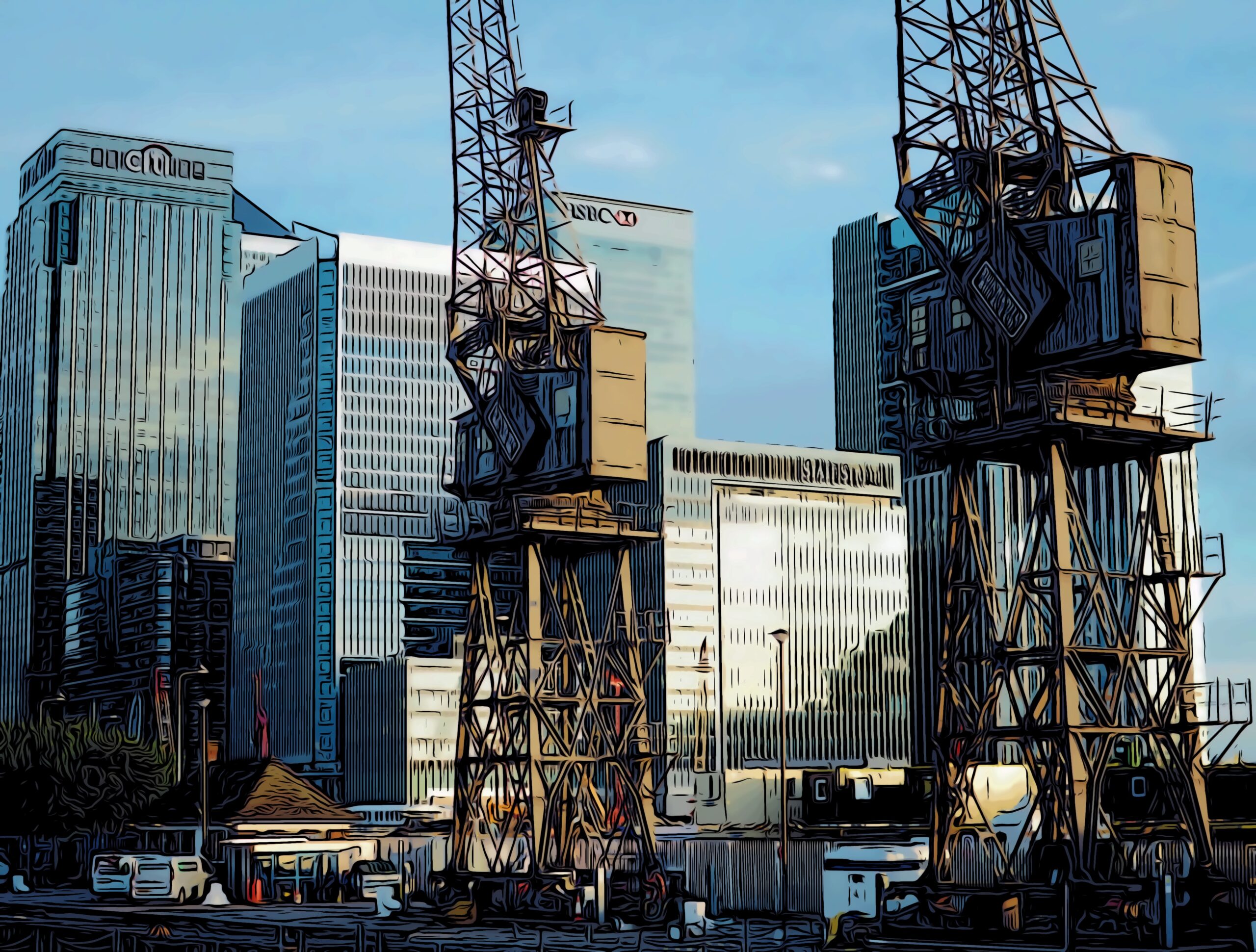Docklands cranes with Canary Wharf’s major business skyscrapers in the background