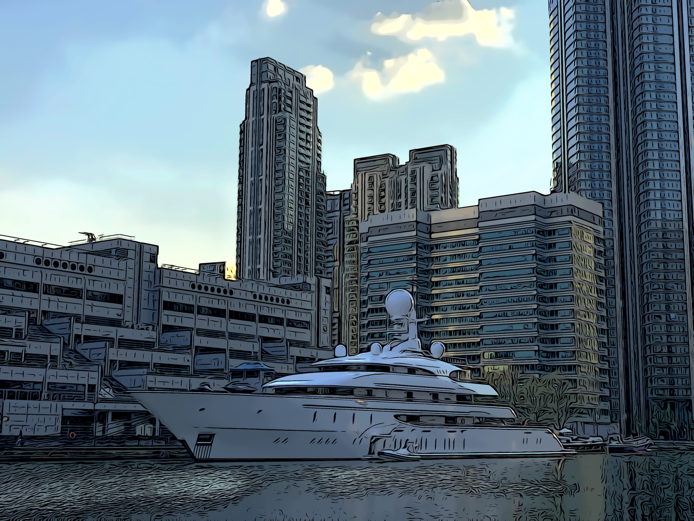 Super yacht parked in Canary Wharf by South Quay Plaza