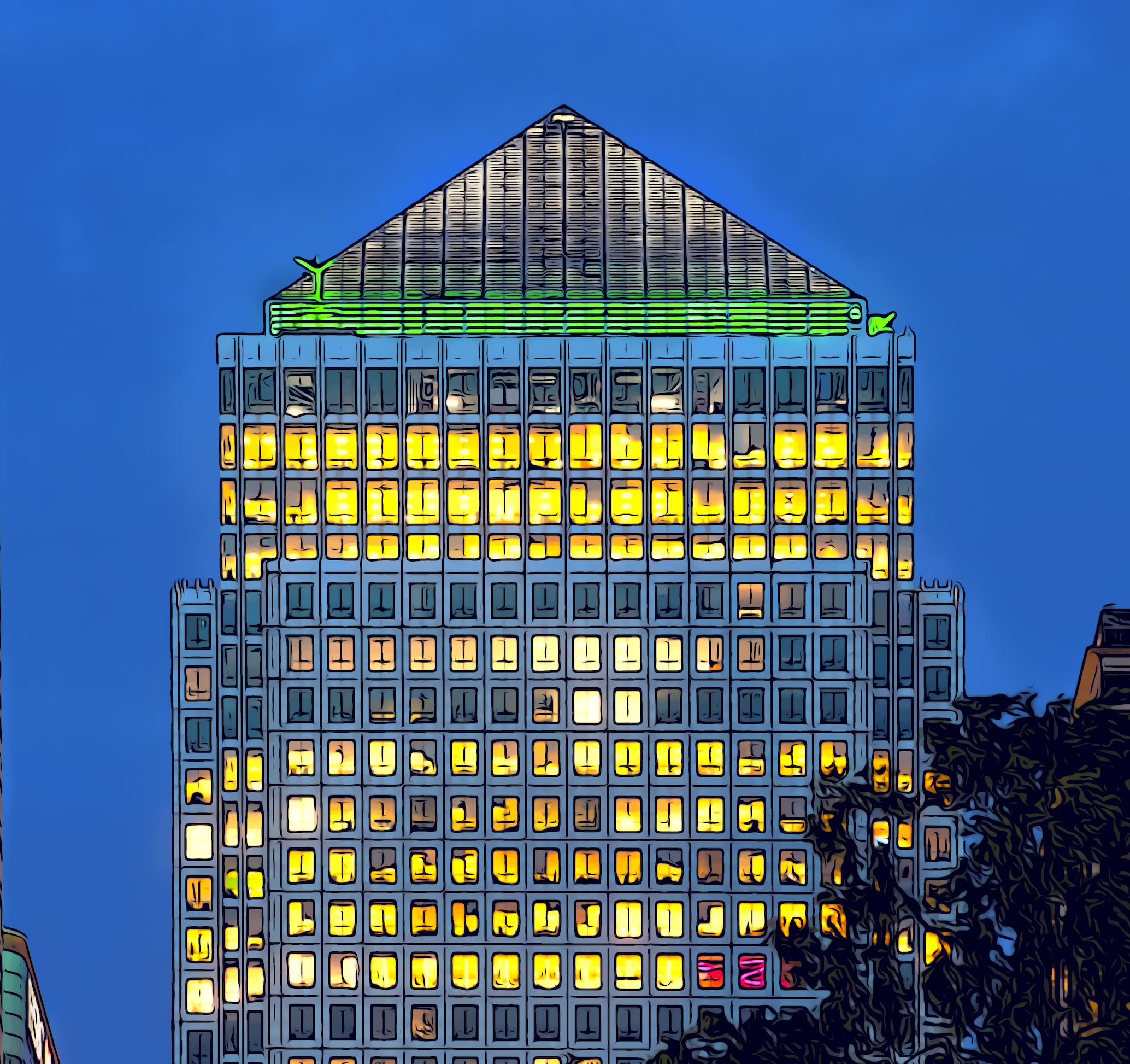 One Canada Square (Canary Wharf) with green lighting